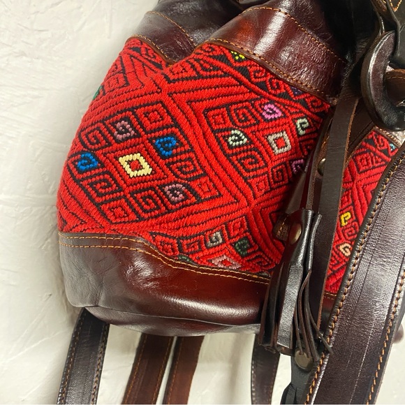 Art Leather Chiapas Backpack Mexican Woven Fabric Embroidered Bag Brown NWT - Picture 4 of 13